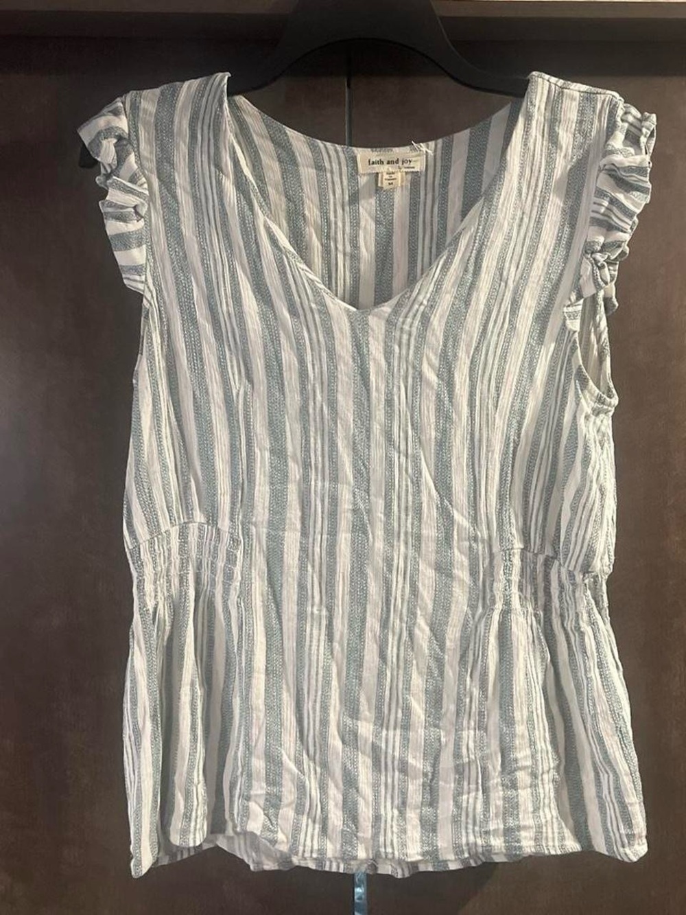 Faith and Joy Green and White Striped Ruffle Cap Sleeve Top
